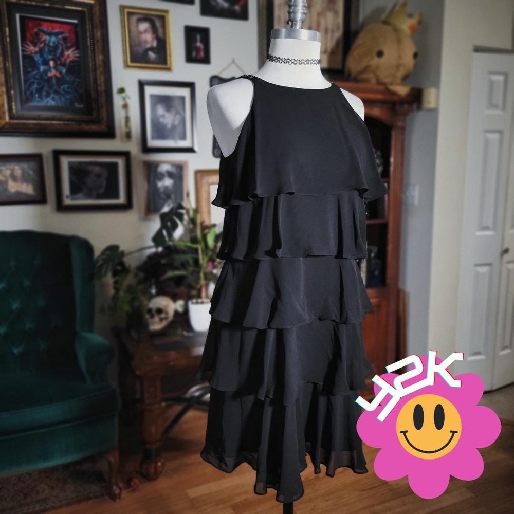 SL Fashions Tiered Dress Vintage Y2K Black Beaded Neckline Ruffle Formal Evening